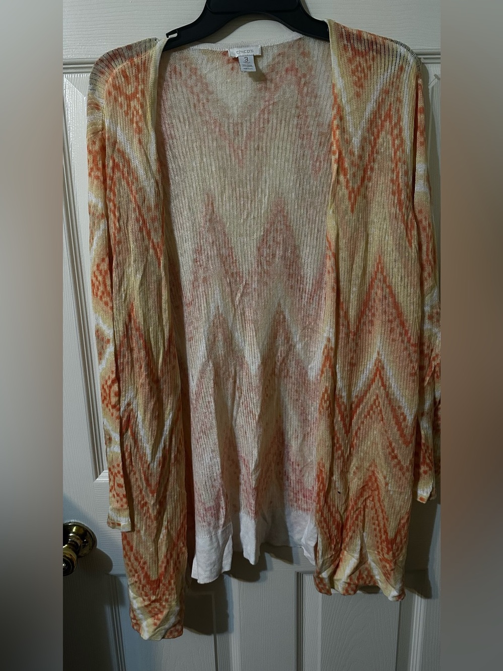Chico's Open-Front Chevron Cardigan in Peach and Cream